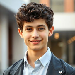 A portrait of an 18-year-old boy with dark brown short curly hair and expressive brown eyes