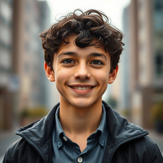 A portrait of an 18-year-old boy with dark brown short curly hair and expressive brown eyes