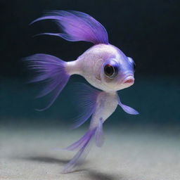 A petite fish with well-defined, muscular legs, sporting a brown ponytail and striking large purple eyes.