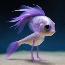 A petite fish with well-defined, muscular legs, sporting a brown ponytail and striking large purple eyes.