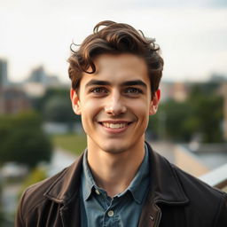 A portrait of a 22-year-old man with dark brown short curly hair and expressive brown eyes