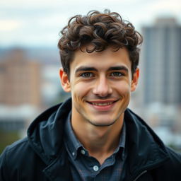 A portrait of a 22-year-old man with dark brown short curly hair and expressive brown eyes