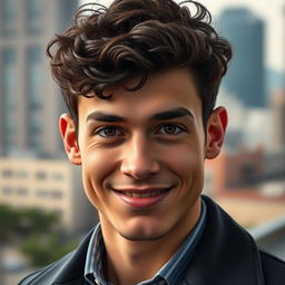 A portrait of a 22-year-old man with dark brown short curly hair and expressive brown eyes