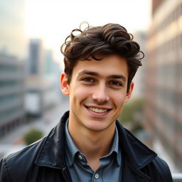 A portrait of a 22-year-old man with dark brown short curly hair and expressive brown eyes