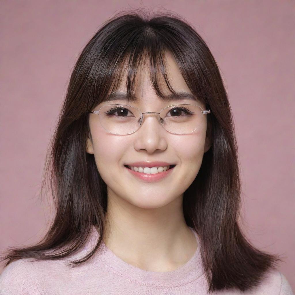 A 20-year-old Korean-American girl with a delicate smile, pale soft skin, medium-length layered dark brown hair with wispy bangs, carrying a sharp chin. She has soft pink blush and lips, and dons a pair of silver glasses.