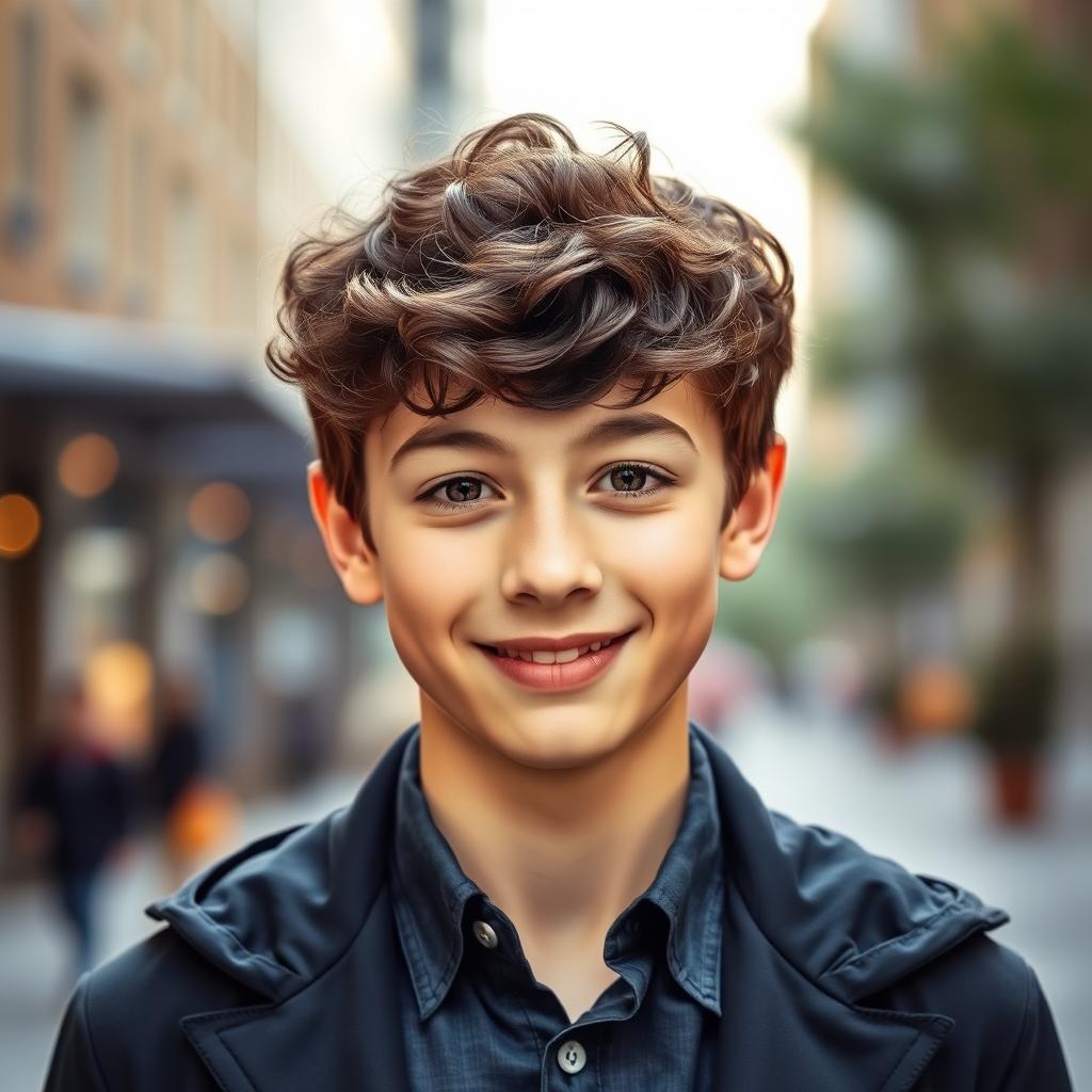 A portrait of a 20-year-old boy with dark brown short curly hair and expressive brown eyes