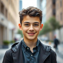 A portrait of a 20-year-old boy with dark brown short curly hair and expressive brown eyes