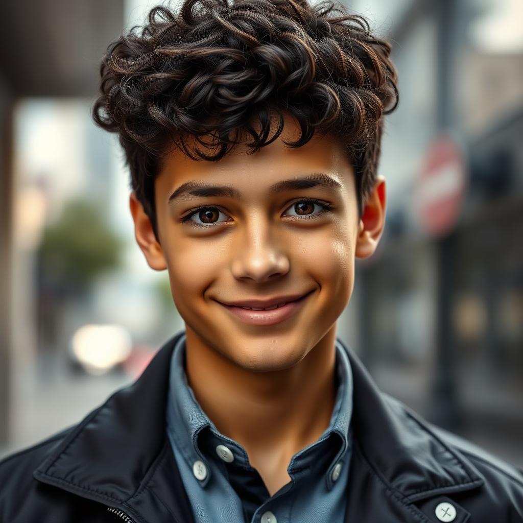 A portrait of a 20-year-old boy with dark brown short curly hair and expressive brown eyes