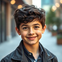 A portrait of a 20-year-old boy with dark brown short curly hair and expressive brown eyes