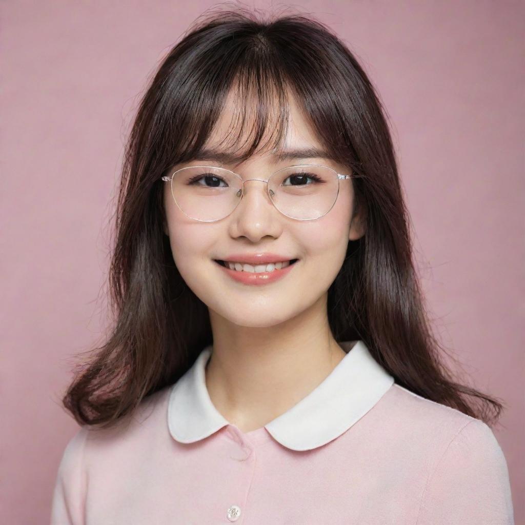 A 20-year-old Korean-American girl with a delicate smile, pale soft skin, medium-length layered dark brown hair with wispy bangs, carrying a sharp chin. She has soft pink blush and lips, and dons a pair of silver glasses.