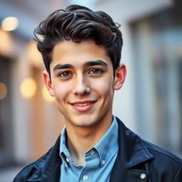 A portrait of a 19-year-old boy with dark brown short curly hair and expressive brown eyes