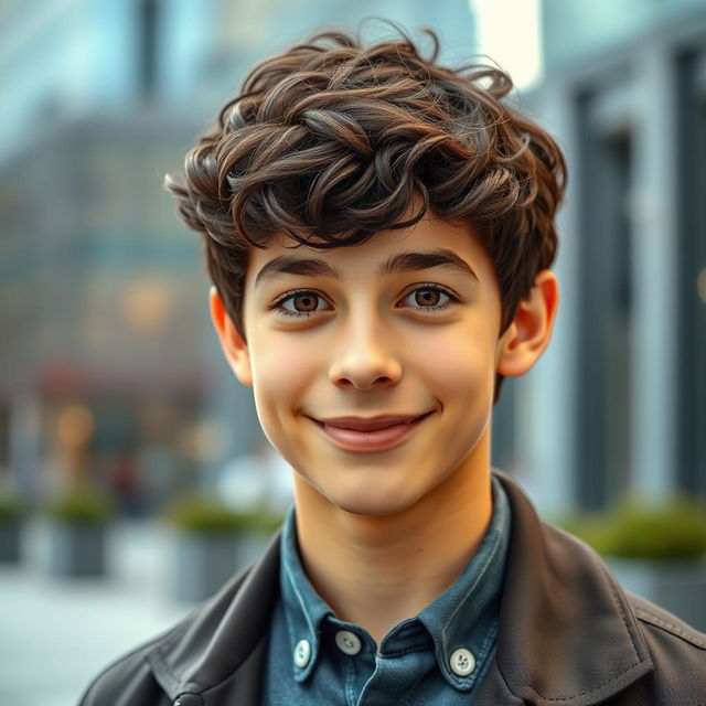 A portrait of a 19-year-old boy with dark brown short curly hair and expressive brown eyes