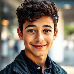 A portrait of a 19-year-old boy with dark brown short curly hair and expressive brown eyes