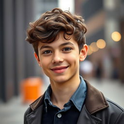 A portrait of a 19-year-old boy with dark brown short curly hair and expressive brown eyes