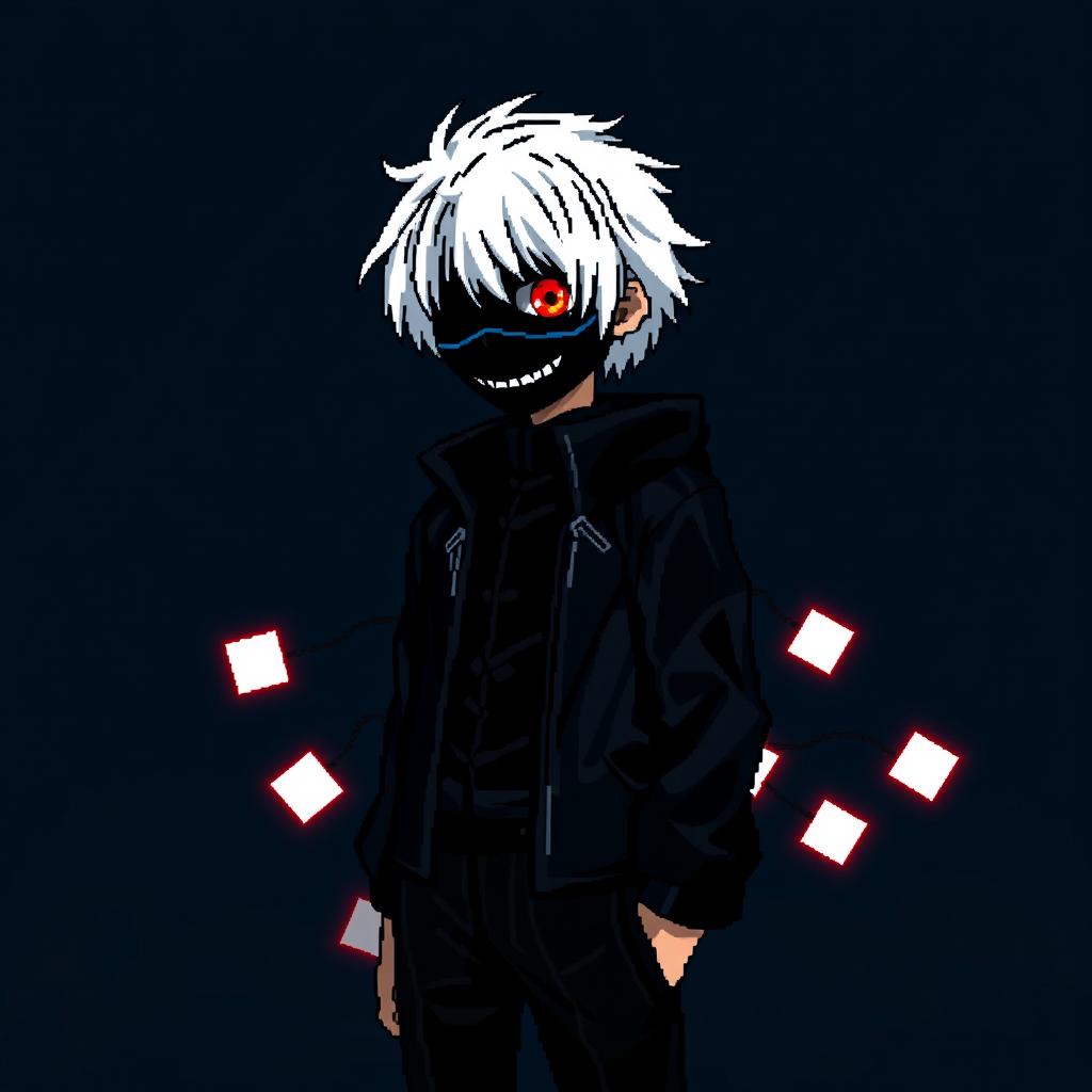 A full-length pixel art depiction of Kaneki Ken from "Tokyo Ghoul" using a 200x150 pixel canvas