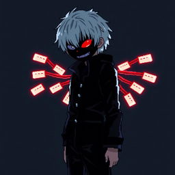 A full-length pixel art depiction of Kaneki Ken from "Tokyo Ghoul" using a 200x150 pixel canvas