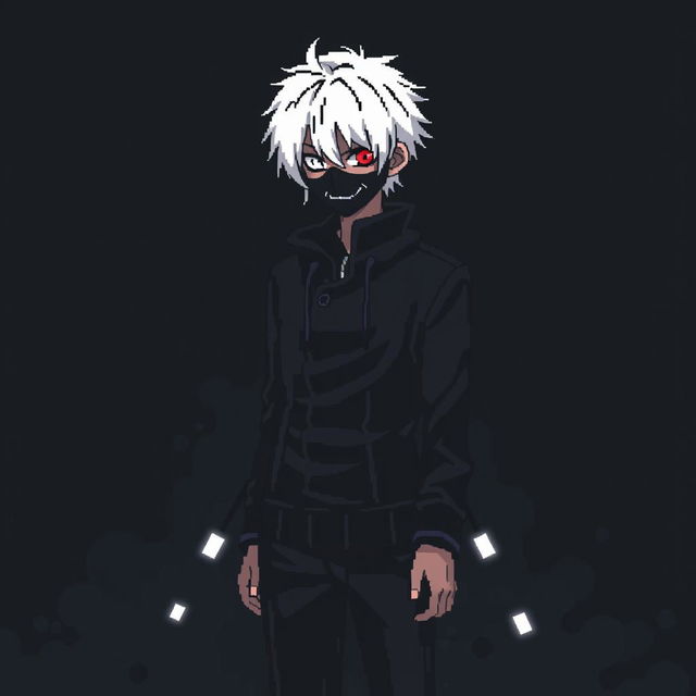 A full-length pixel art depiction of Kaneki Ken from "Tokyo Ghoul" using a 200x150 pixel canvas