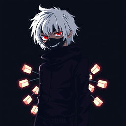 A full-length pixel art depiction of Kaneki Ken from "Tokyo Ghoul" using a 200x150 pixel canvas