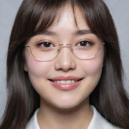 A 20-year-old Korean-American girl with a delicate smile, pale soft skin, medium-length layered dark brown hair with wispy bangs, carrying a sharp chin. She has soft pink blush and lips, and dons a pair of silver glasses.