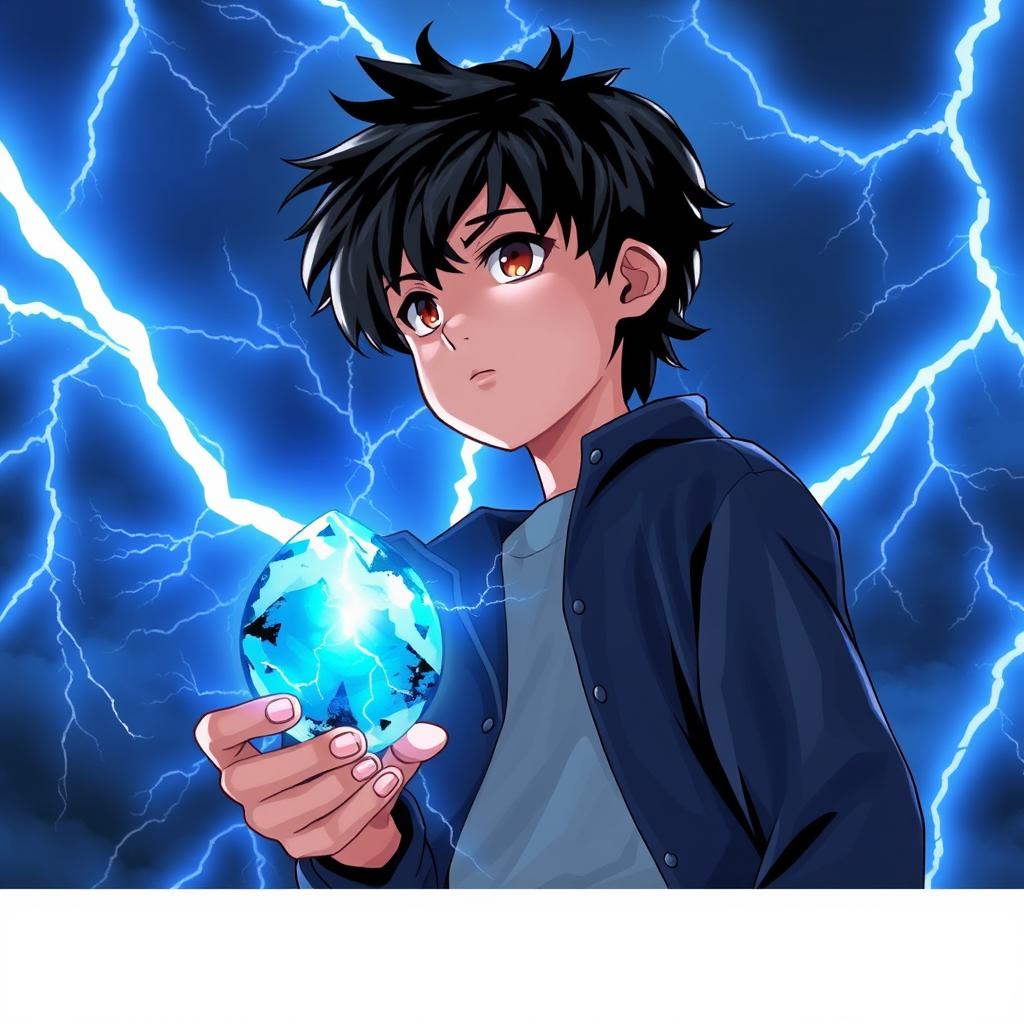 A 14-year-old teenager with messy black hair and brown eyes, wearing a black coat and navy blue pants, gazes at the sky filled with radiant sky-blue lightning bolts illuminating the background with mystical energy, creating a dynamic contrast with his figure