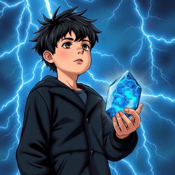 A 14-year-old teenager with messy black hair and brown eyes, wearing a black coat and navy blue pants, gazes at the sky filled with radiant sky-blue lightning bolts illuminating the background with mystical energy, creating a dynamic contrast with his figure