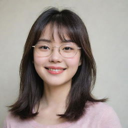 A 20-year-old Korean-American girl with a delicate smile, pale soft skin, medium-length layered dark brown hair with wispy bangs, carrying a sharp chin. She has soft pink blush and lips, and dons a pair of silver glasses.