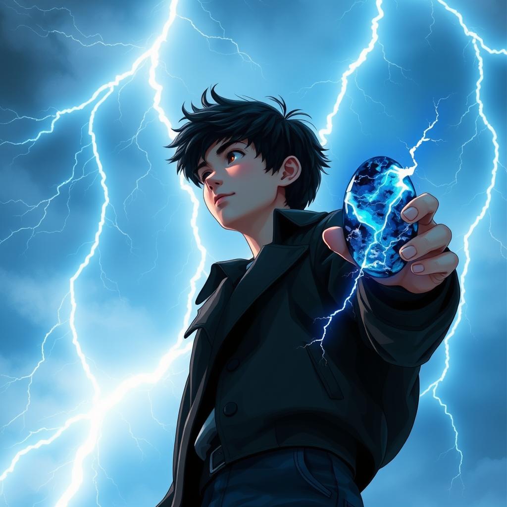 A 14-year-old teenager with messy black hair and brown eyes, wearing a black coat and navy blue pants, gazes at the sky filled with radiant sky-blue lightning bolts illuminating the background with mystical energy, creating a dynamic contrast with his figure