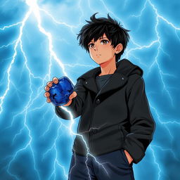 A 14-year-old teenager with messy black hair and brown eyes, wearing a black coat and navy blue pants, gazes at the sky filled with radiant sky-blue lightning bolts illuminating the background with mystical energy, creating a dynamic contrast with his figure