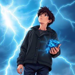 A 14-year-old teenager with slightly messy black hair and brown eyes, wearing a black coat and navy blue pants, looks up at the sky filled with radiant sky-blue lightning bolts illuminating the background with mystical energy, creating a dynamic contrast with his figure