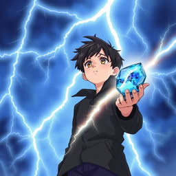 A 14-year-old teenager with slightly messy black hair and brown eyes, wearing a black coat and navy blue pants, looks up at the sky filled with radiant sky-blue lightning bolts illuminating the background with mystical energy, creating a dynamic contrast with his figure