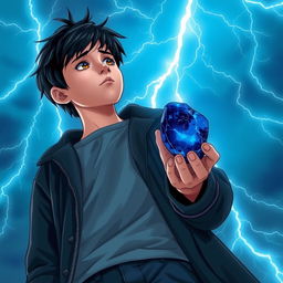 A 14-year-old teenager with slightly messy black hair and brown eyes, wearing a black coat and navy blue pants, looks up at the sky filled with radiant sky-blue lightning bolts illuminating the background with mystical energy, creating a dynamic contrast with his figure