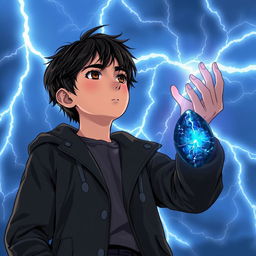 A 14-year-old teenager with slightly messy black hair and brown eyes, wearing a black coat and navy blue pants, looks up at the sky filled with radiant sky-blue lightning bolts illuminating the background with mystical energy, creating a dynamic contrast with his figure