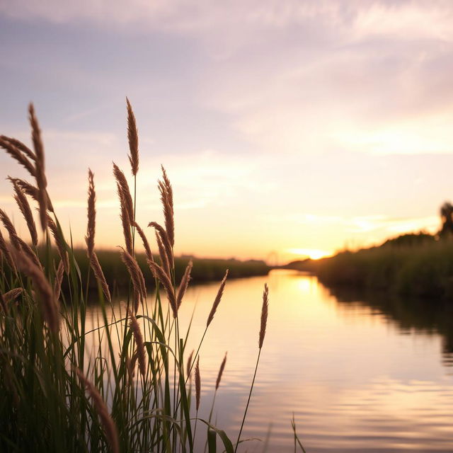 A serene river landscape during sunset, with tall grasses swaying gently in the foreground, reflecting the warm hues of the sky on calm water, and soft glowing light from a lantern hanging from a wooden post