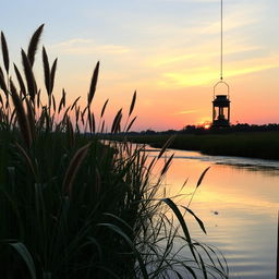 A serene river landscape during sunset, with tall grasses swaying gently in the foreground, reflecting the warm hues of the sky on calm water, and soft glowing light from a lantern hanging from a wooden post