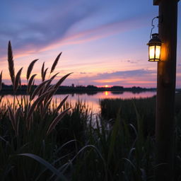 A serene river landscape during sunset, with tall grasses swaying gently in the foreground, reflecting the warm hues of the sky on calm water, and soft glowing light from a lantern hanging from a wooden post