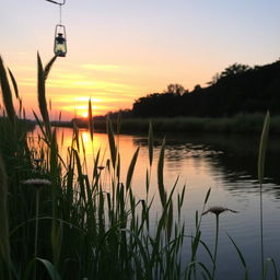 A serene river landscape during sunset, with tall grasses swaying gently in the foreground, reflecting the warm hues of the sky on calm water, and soft glowing light from a lantern hanging from a wooden post