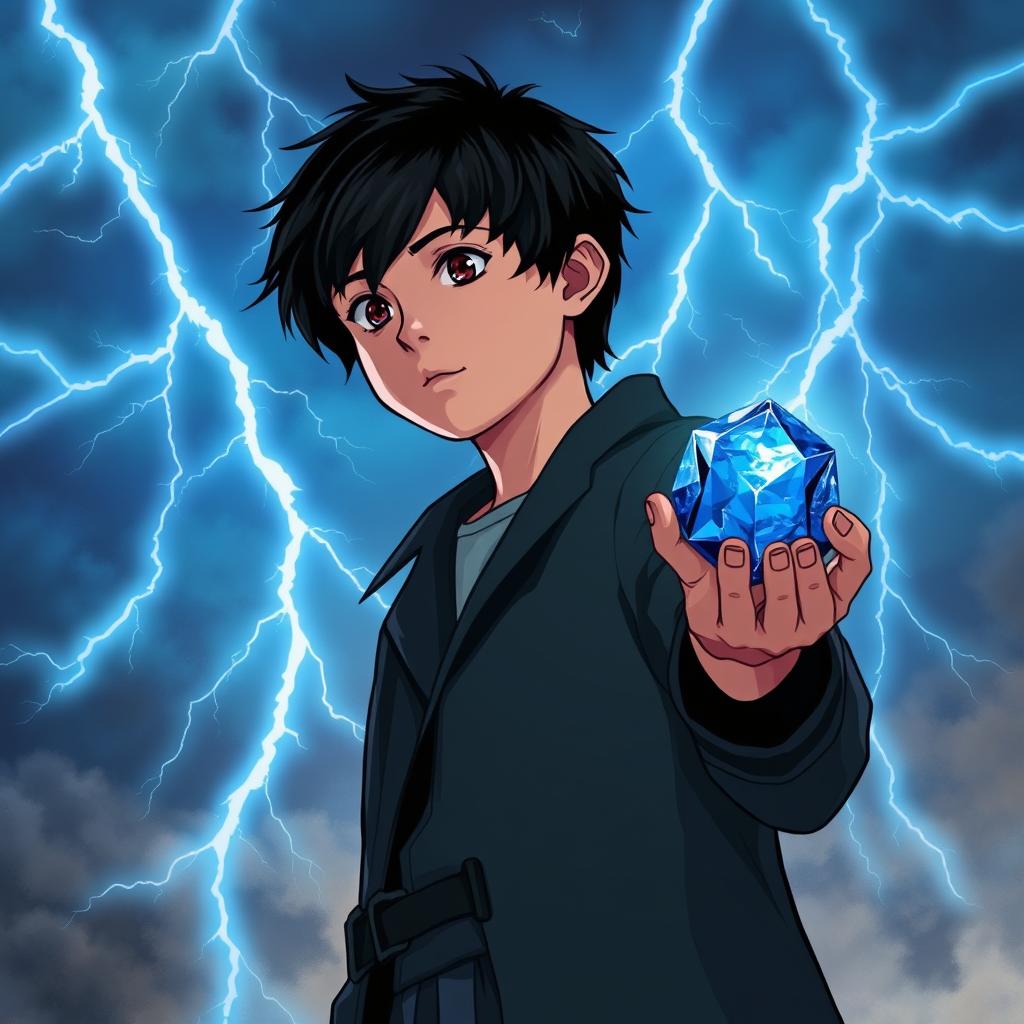 A 14-year-old teenager with slightly messy black hair and brown eyes, wears a black coat and navy blue pants, gazing at the sky filled with radiant sky-blue lightning bolts illuminating the mystical background, creating a dynamic contrast with his figure