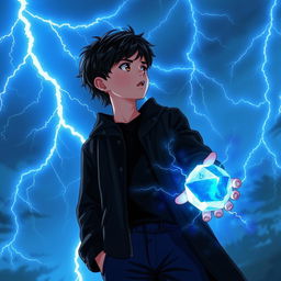 A 14-year-old teenager with slightly messy black hair and brown eyes, wears a black coat and navy blue pants, gazing at the sky filled with radiant sky-blue lightning bolts illuminating the mystical background, creating a dynamic contrast with his figure