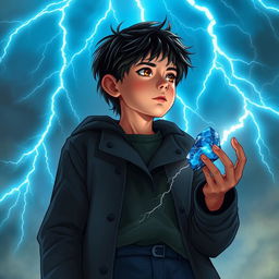 A 14-year-old teenager with slightly messy black hair and brown eyes, wears a black coat and navy blue pants, gazing at the sky filled with radiant sky-blue lightning bolts illuminating the mystical background, creating a dynamic contrast with his figure