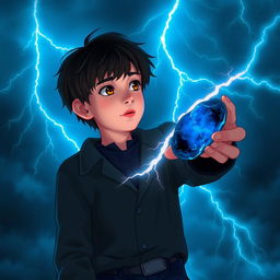 A 14-year-old teenager with slightly messy black hair and brown eyes, wears a black coat and navy blue pants, gazing at the sky filled with radiant sky-blue lightning bolts illuminating the mystical background, creating a dynamic contrast with his figure