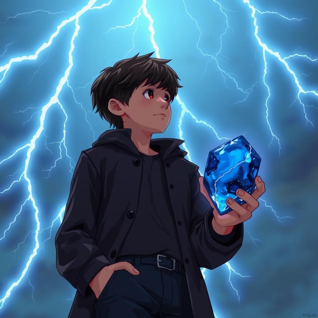 A 14-year-old teenager with slightly messy black hair and brown eyes, wearing a black coat and navy blue pants, gazes at the sky where radiant sky-blue lightning bolts illuminate the background with mystical energy, creating a dynamic contrast with his figure