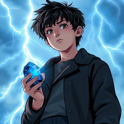 A 14-year-old teenager with slightly messy black hair and brown eyes, wearing a black coat and navy blue pants, gazes at the sky where radiant sky-blue lightning bolts illuminate the background with mystical energy, creating a dynamic contrast with his figure