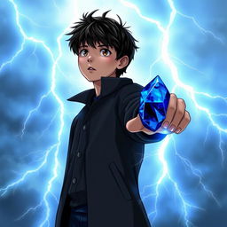 A 14-year-old teenager with slightly messy black hair and brown eyes, wearing a black coat and navy blue pants, gazes at the sky where radiant sky-blue lightning bolts illuminate the background with mystical energy, creating a dynamic contrast with his figure