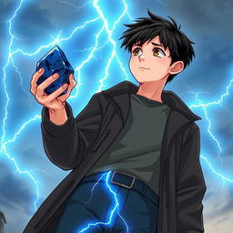 A 14-year-old teenager with slightly messy black hair and brown eyes, wearing a black coat and navy blue pants, gazes at the sky where radiant sky-blue lightning bolts illuminate the background with mystical energy, creating a dynamic contrast with his figure