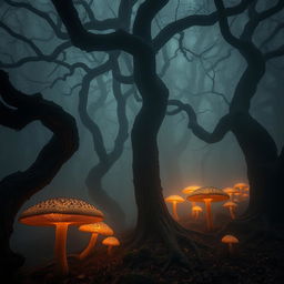mysterious foggy forest with ancient twisted trees and glowing mushrooms