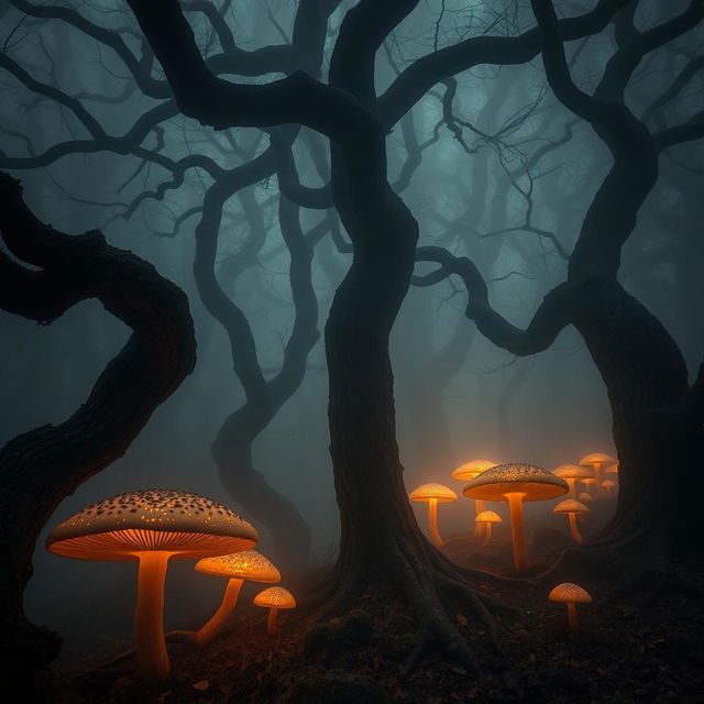 mysterious foggy forest with ancient twisted trees and glowing mushrooms