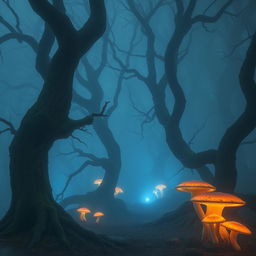 mysterious foggy forest with ancient twisted trees and glowing mushrooms