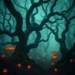 mysterious foggy forest with ancient twisted trees and glowing mushrooms