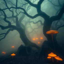 mysterious foggy forest with ancient twisted trees and glowing mushrooms