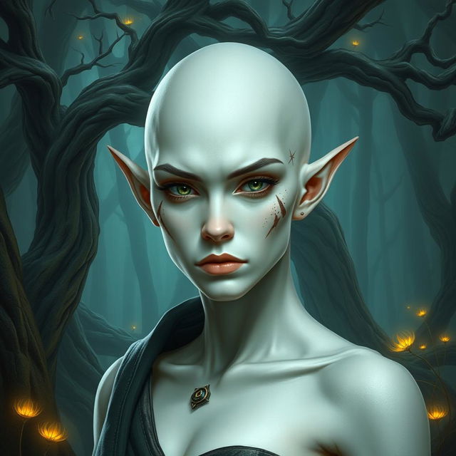 A female elf with white skin, bald, showing a serious expression, adorned with a few scars on her face